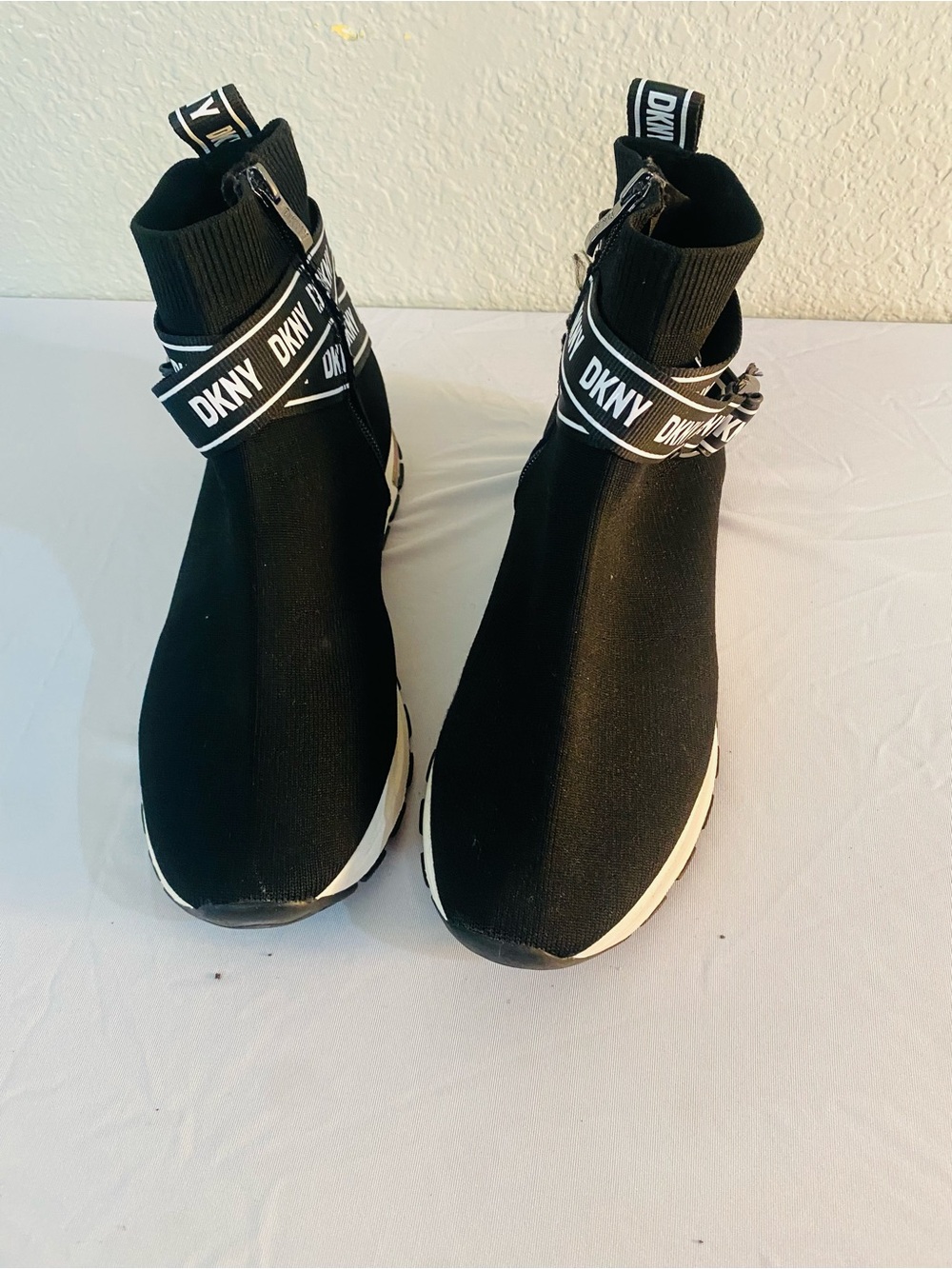 DKNY Black Knit Logo Strap High-Top Slip-On Sneakers